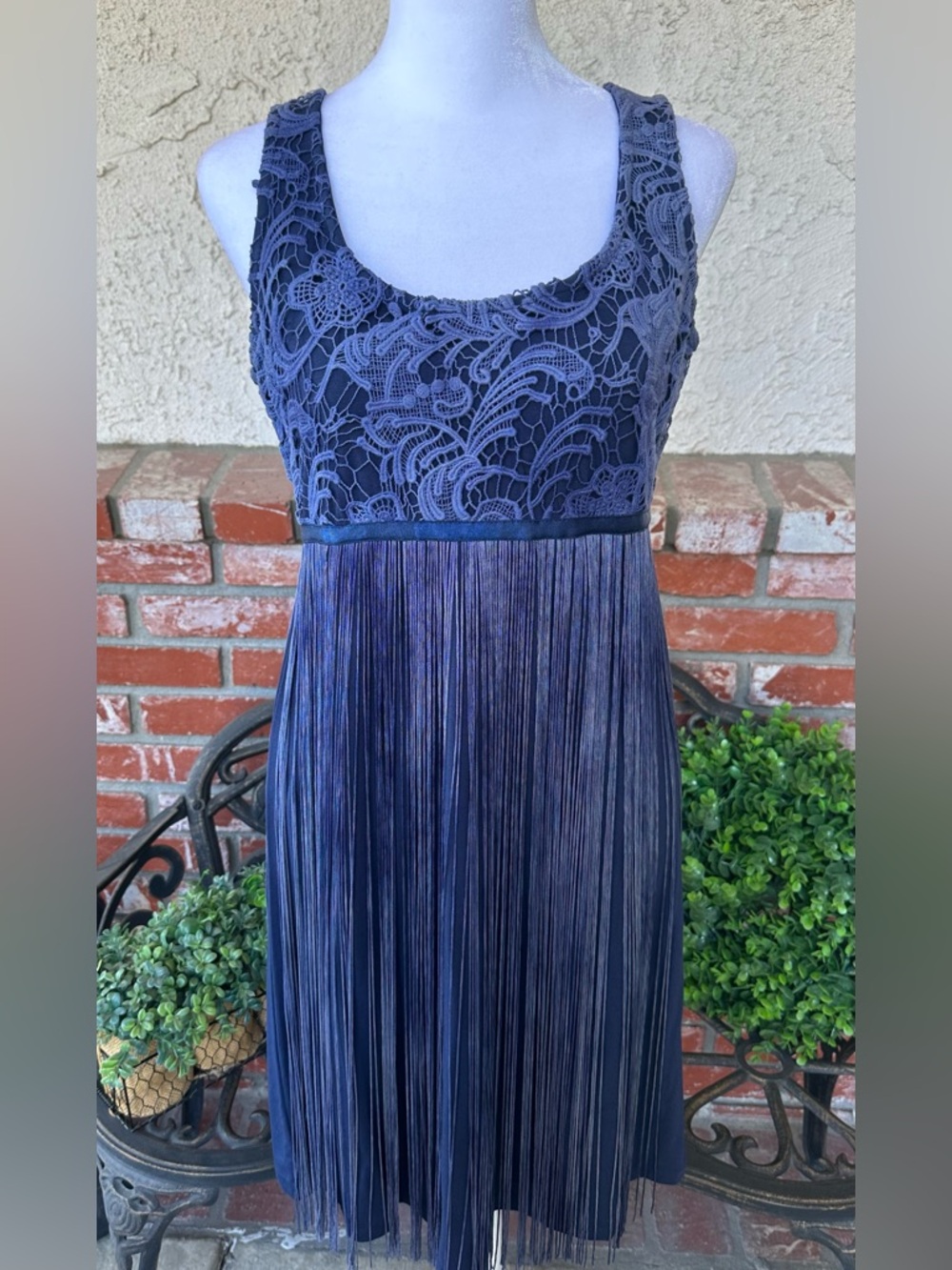 Boston Proper Sleeveless Dress W/Embroidery & Fringe; Dark Academy Blue; Size 6